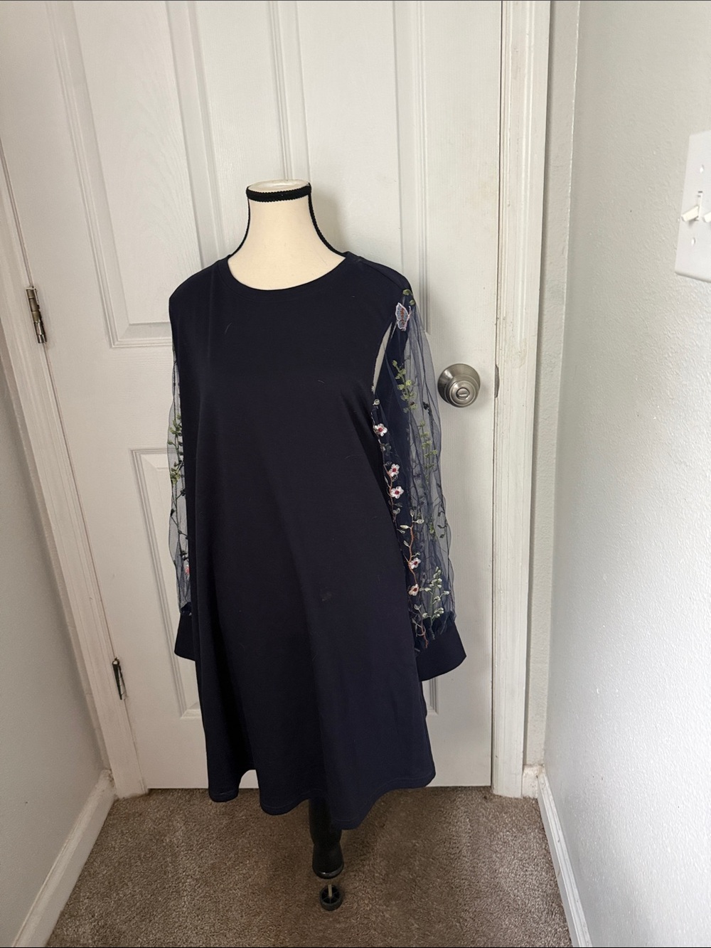 Navy Long-Sleeve Dress with Sheer Floral Embroidered Sleeves
